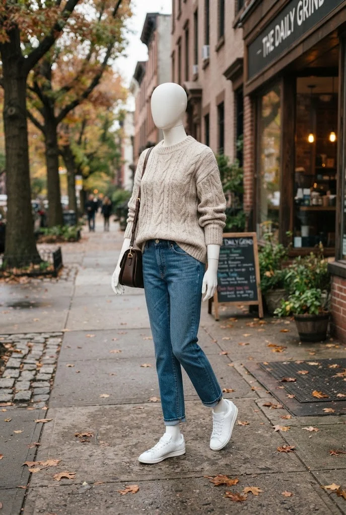 Matte-white boutique mannequin in an oatmeal sweater, straight-leg jeans, sneakers, and brown shoulder bag outside a fall coffee shop.
