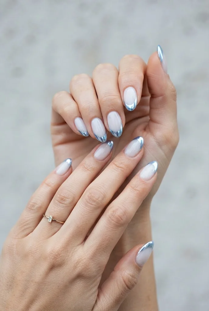 Milky almond nails with icy blue chrome French tips.