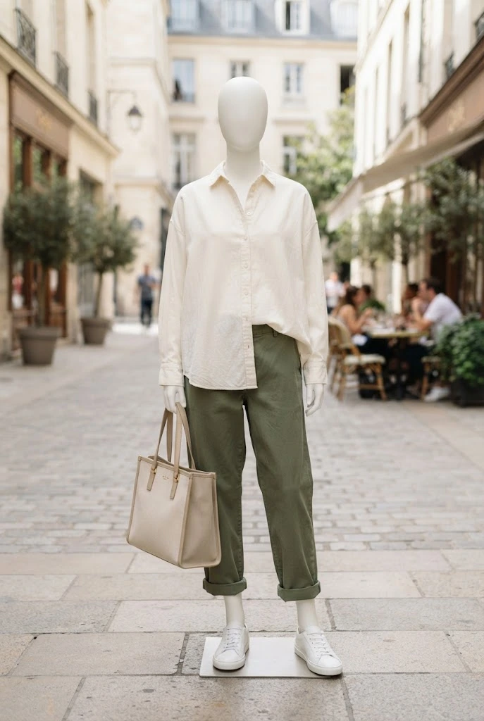 Minimalist olive trousers with an ivory button-down and white sneakers.