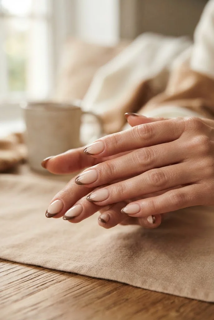 Mocha brown French tips over a creamy neutral winter base.