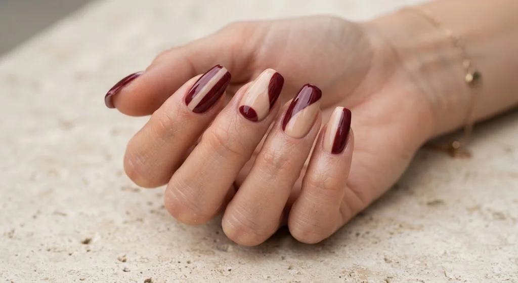 Modern coffin nails featuring clean maroon and nude color blocking.