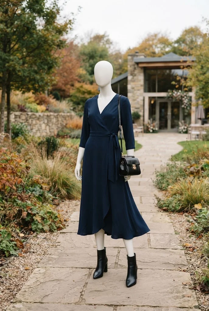 Navy wrap midi dress with black heeled ankle boots for a daytime fall wedding.