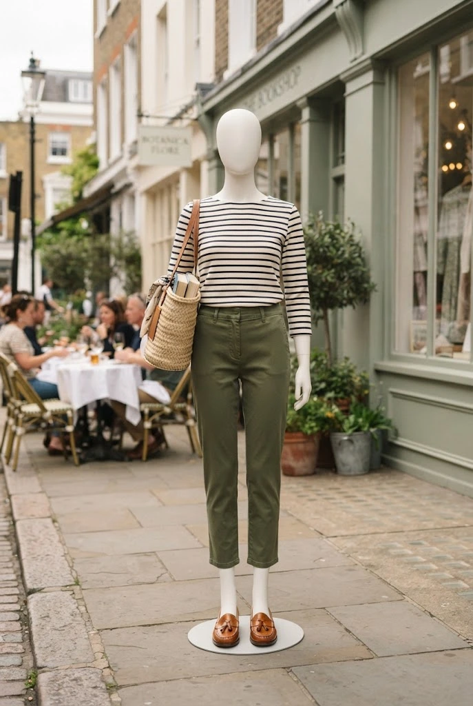 Olive ankle pants styled with a classic striped Breton top and loafers.