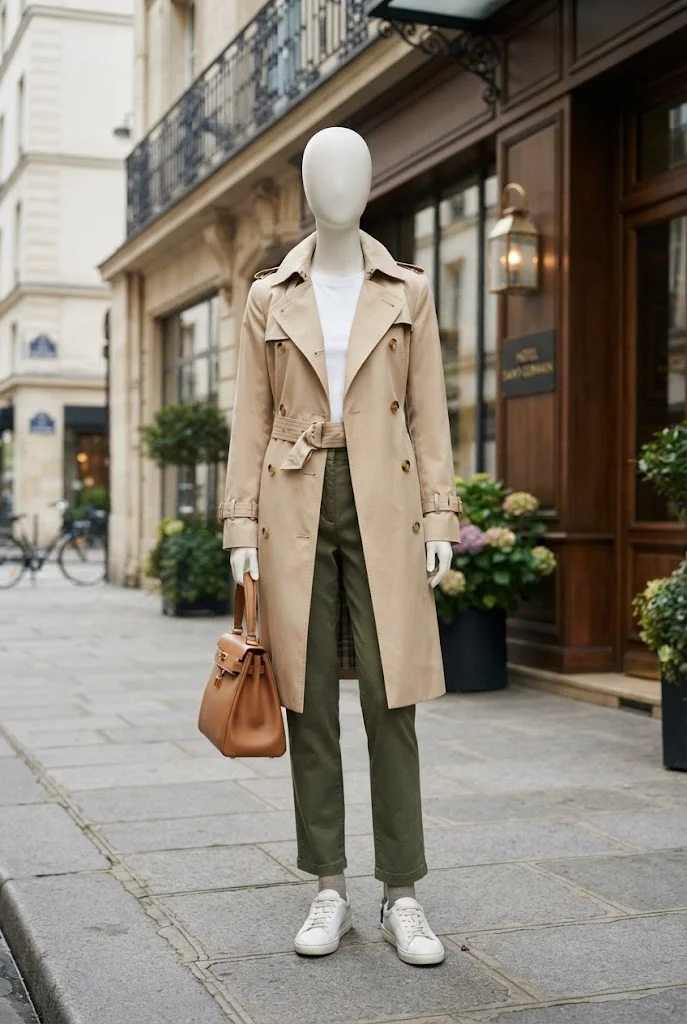 Olive pants layered with a white tee, beige trench coat, and sneakers.