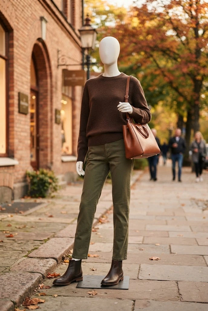 Olive pants styled with a chocolate brown sweater and leather boots.