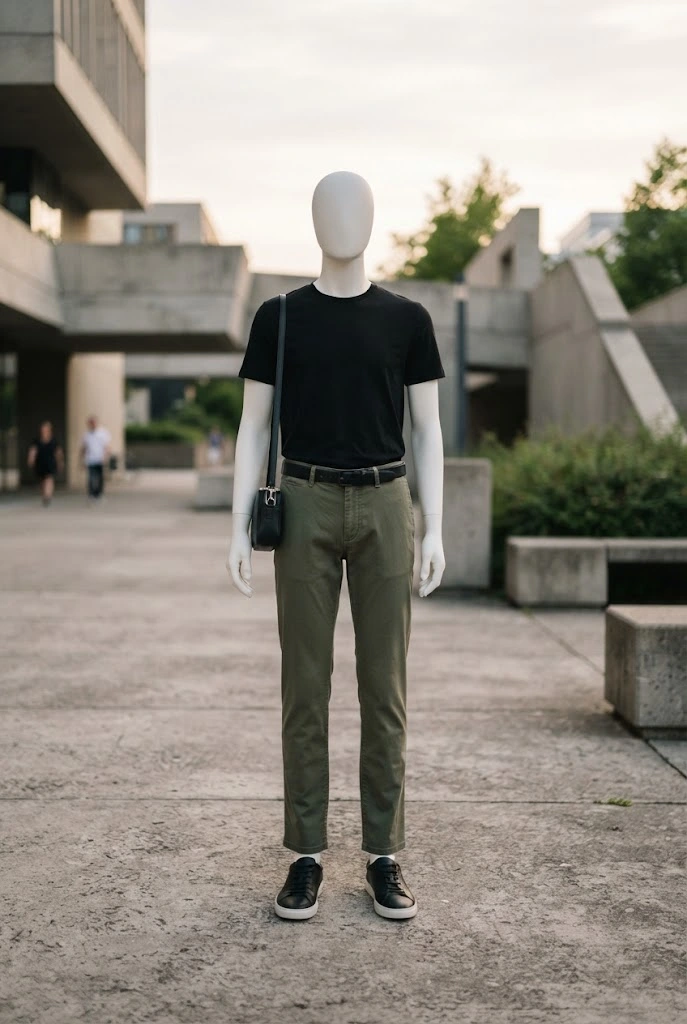 Olive straight-leg pants with a black tee and minimalist sneakers.