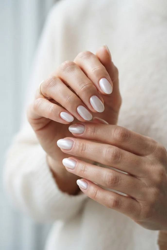 Pearlescent white oval nails with a soft icy winter sheen.