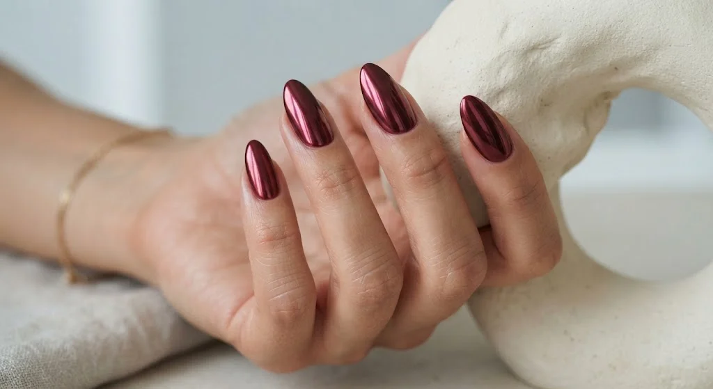 Reflective maroon chrome almond nails with a rich metallic finish.