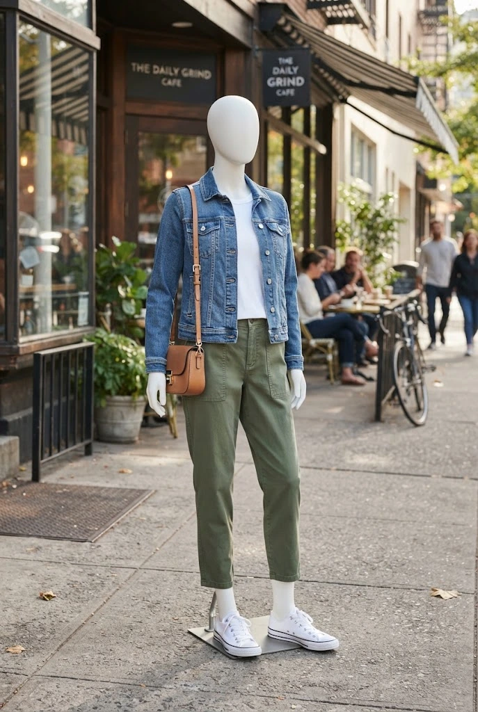 Relaxed olive pants paired with a denim jacket, white tee, and sneakers.