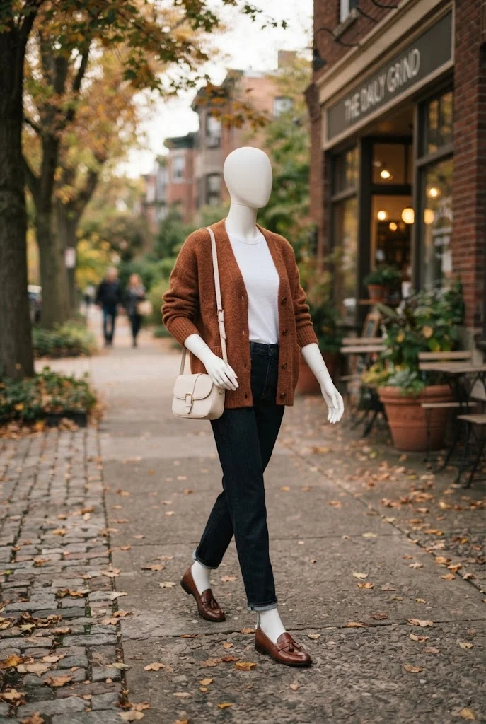Rust cardigan, white T-shirt, dark denim, brown loafers, and cream handbag styled for a casual fall morning.