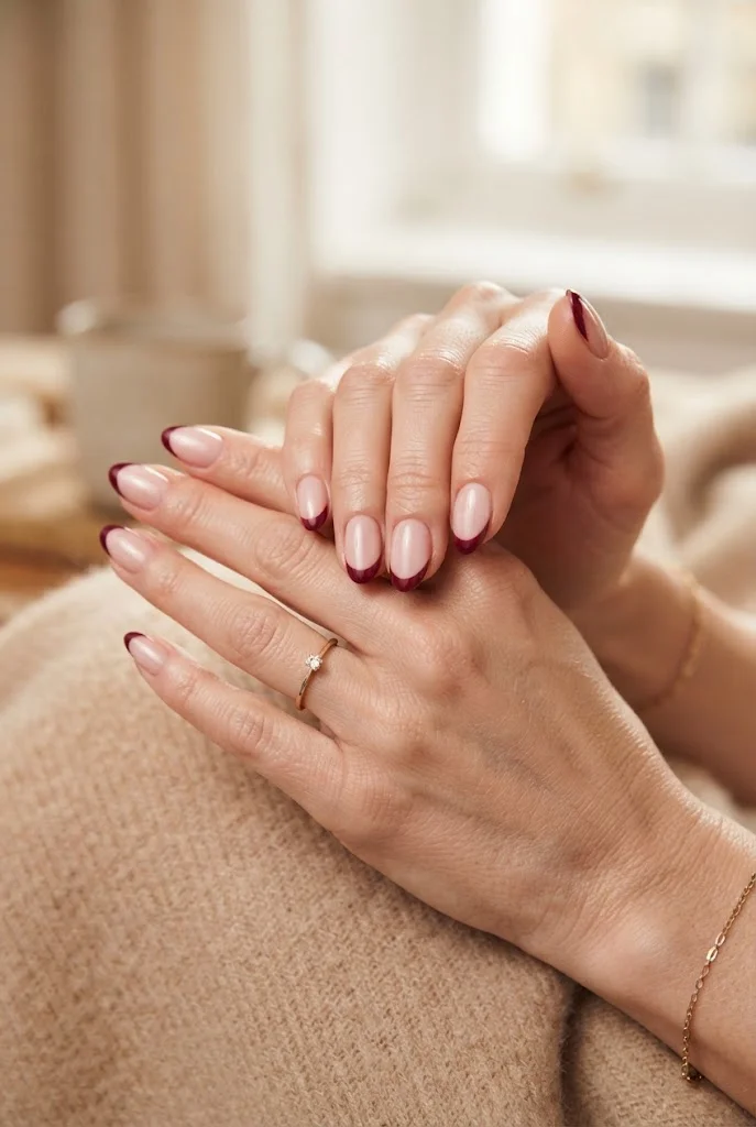 Sheer neutral nails finished with deep burgundy French tips.