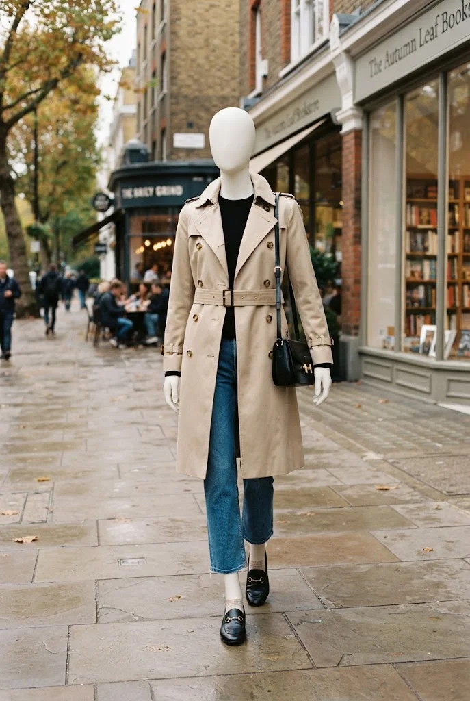 Stone trench coat styled with a black knit sweater, cropped jeans, black loafers, and a structured handbag.