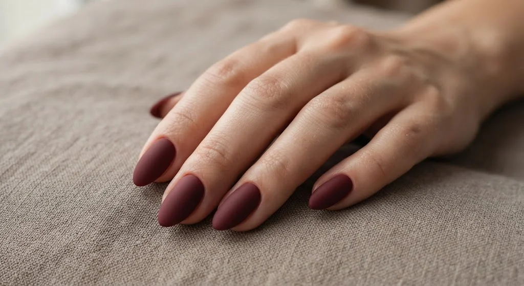Velvety matte maroon almond nails styled on neutral linen.