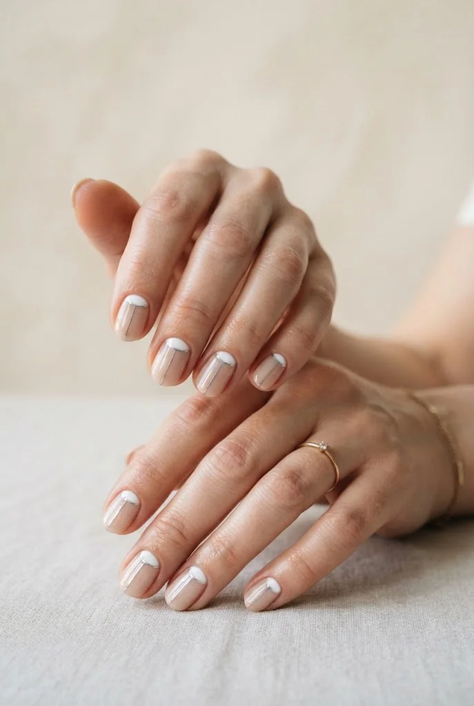 White and silver half-moon winter manicure on rounded nails.