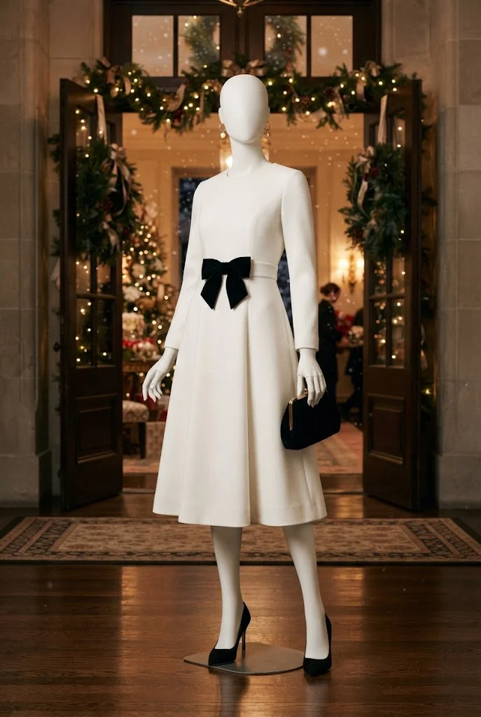 Winter-white midi dress with a black velvet bow styled for an elegant Christmas event.