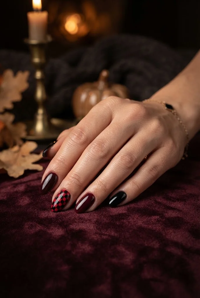 Bold red and black checkerboard Halloween manicure.
