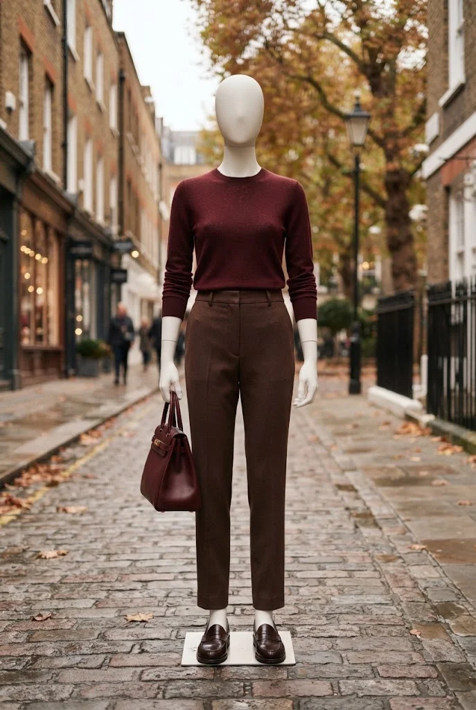 Chocolate-brown tailored trousers with a burgundy knit top and dark brown loafers.