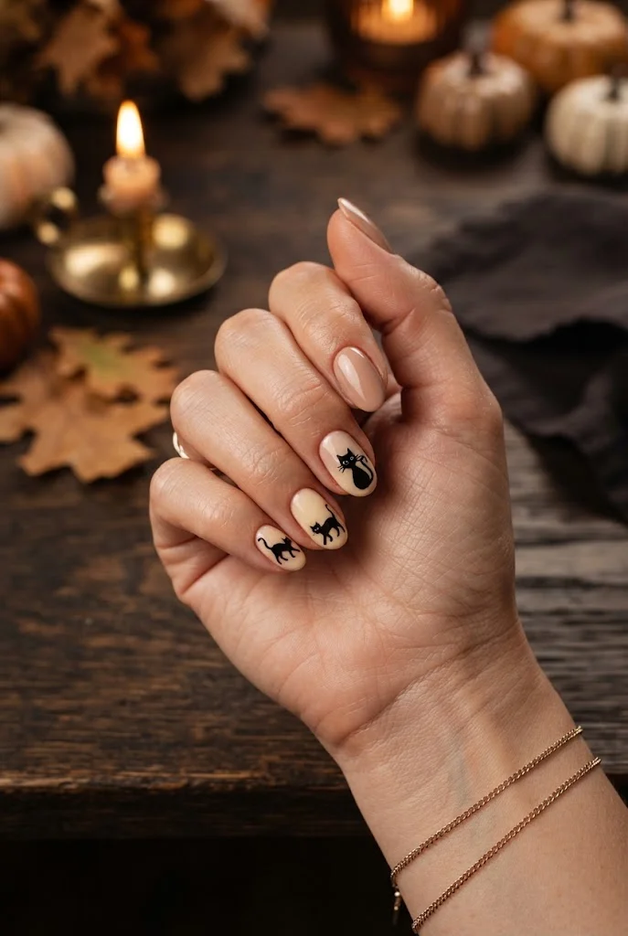 Cute black cat silhouettes on nude Halloween accent nails.
