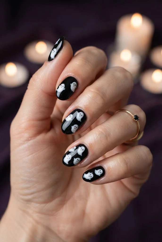 Cute white ghost nail art over glossy black Halloween nails.
