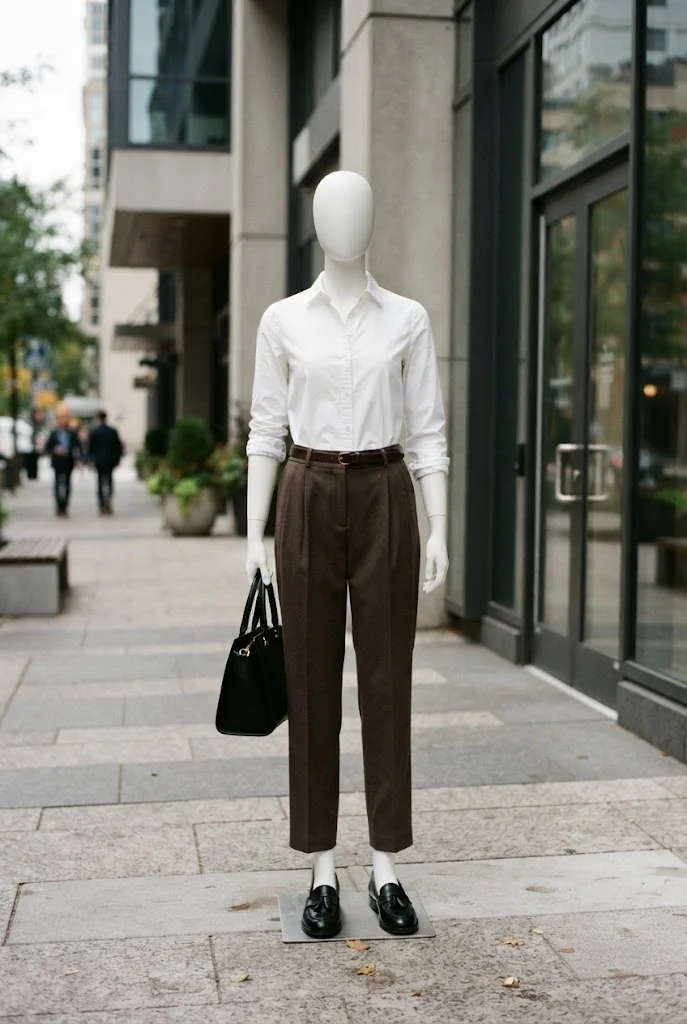 Dark brown pleated trousers styled with a crisp white button-down shirt and black loafers.