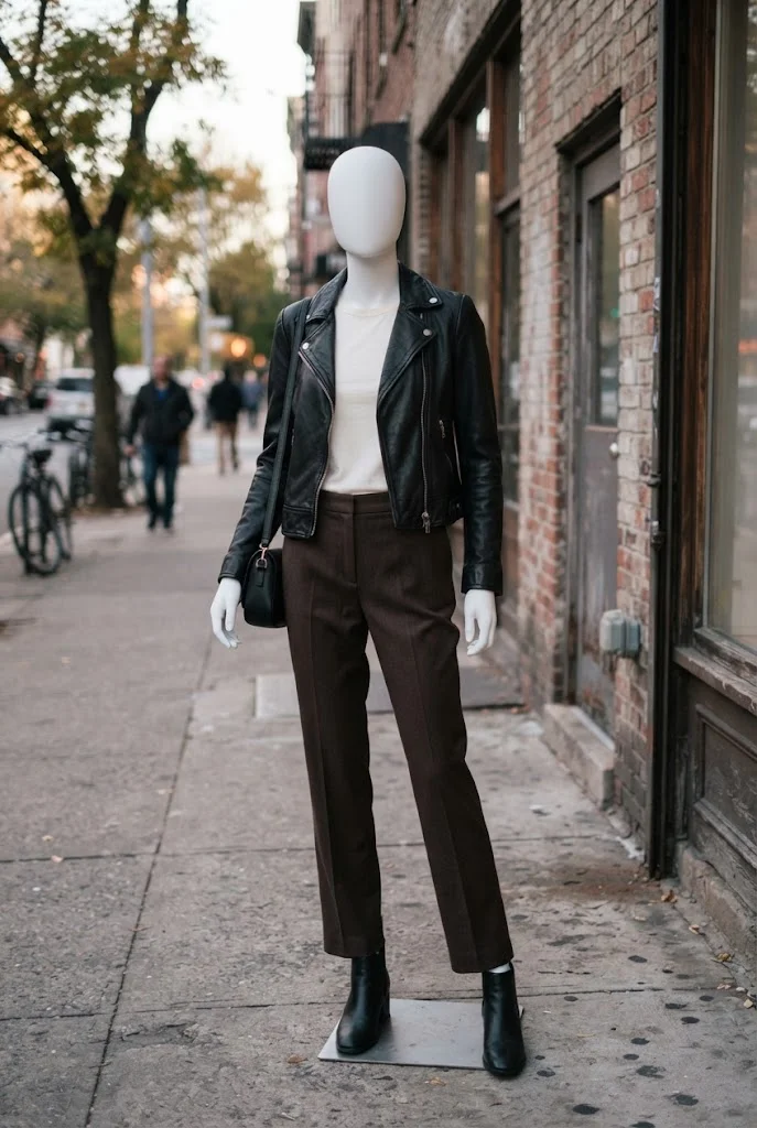 Dark brown trousers paired with an ivory tee, black leather jacket, and black ankle boots.