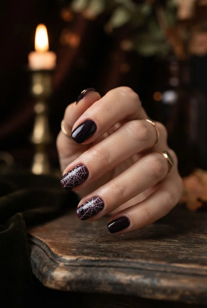Deep plum Halloween nails with delicate white spiderweb accents.