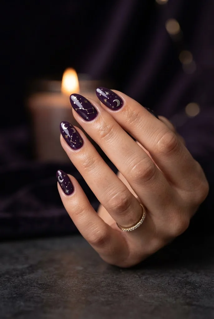 Deep purple Halloween nails with tiny moon and star details.