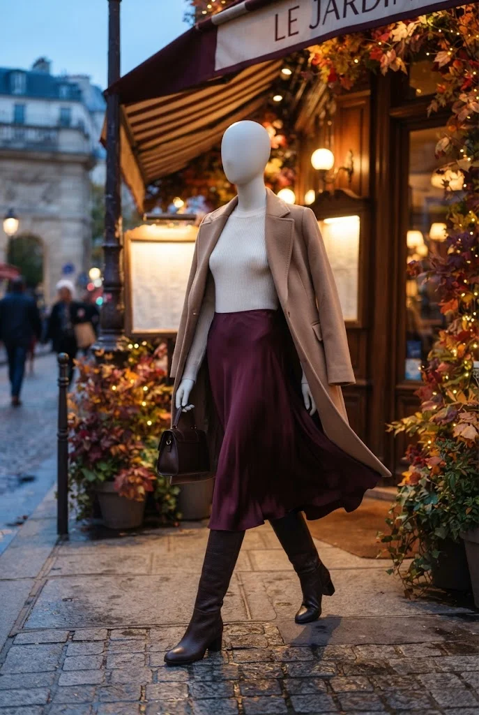Faceless mannequin in a burgundy midi skirt, cream sweater, camel coat, and knee-high boots.