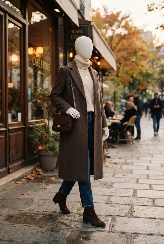 Faceless mannequin styled in a chocolate-brown wool coat, cream sweater, dark jeans, and suede boots.