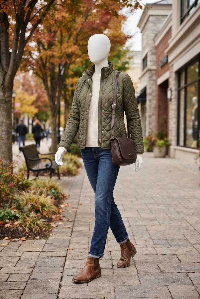Faceless mannequin wearing an olive quilted jacket, cream sweater, jeans, and Chelsea boots.