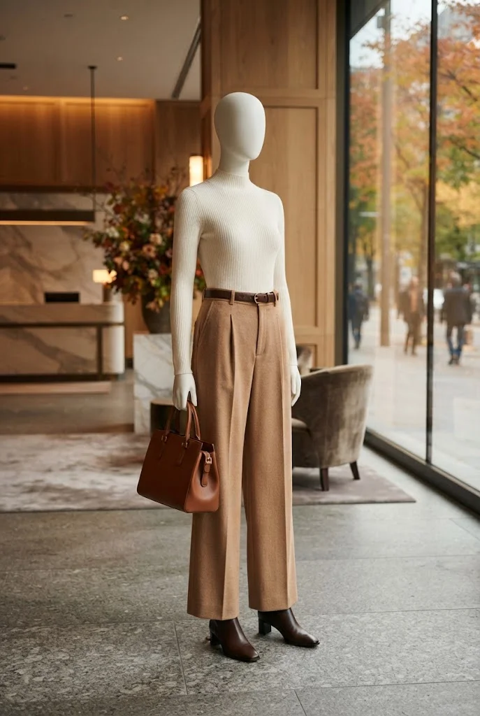 Faceless mannequin wearing camel wide-leg trousers, an ivory fitted knit, and brown ankle boots.