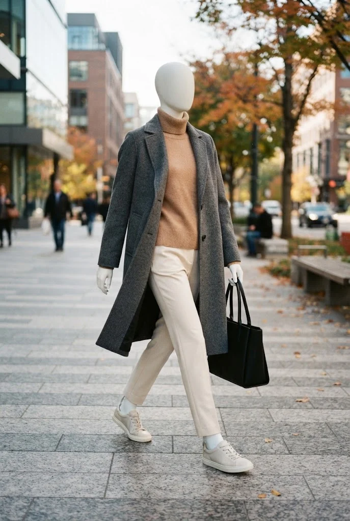 Faceless mannequin wearing tailored cream trousers, a camel sweater, wool coat, and minimalist sneakers.