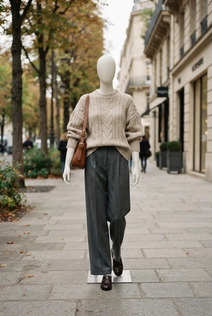 Faceless white mannequin wearing an oversized oatmeal sweater with tailored charcoal trousers on a fall city sidewalk.