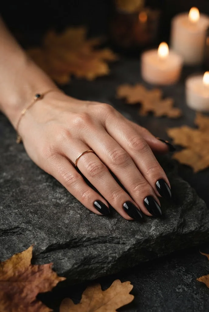 Glossy black Halloween manicure with an elegant almond nail shape.