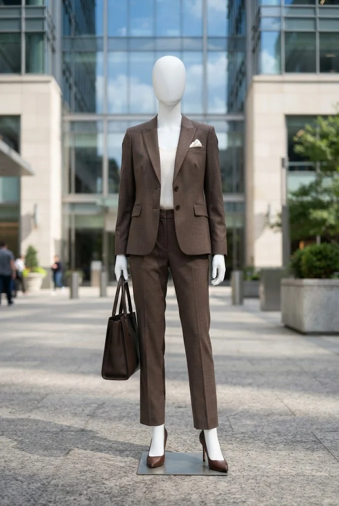 Matching chocolate-brown blazer and trousers with an ivory top and brown pointed-toe shoes.