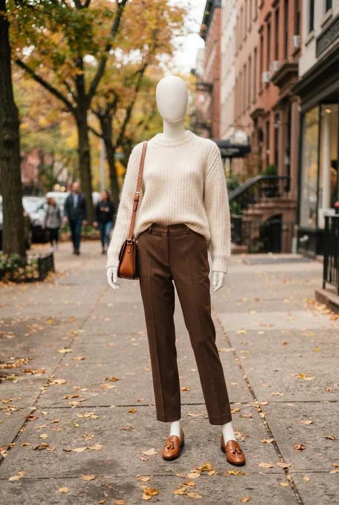 Matte-white mannequin wearing chocolate brown trousers, a cream knit sweater, and tan loafers on an autumn city sidewalk.