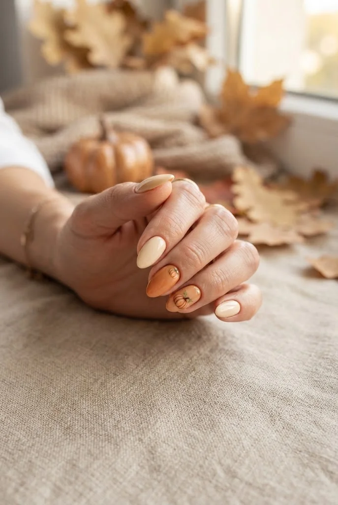 Mini pumpkin nail art in warm orange and cream October colors.
