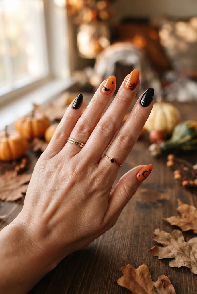 Pumpkin orange and glossy black Halloween manicure.