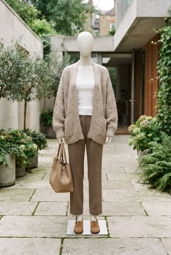 Relaxed brown trousers with a white ribbed top, oversized oatmeal cardigan, and suede loafers.