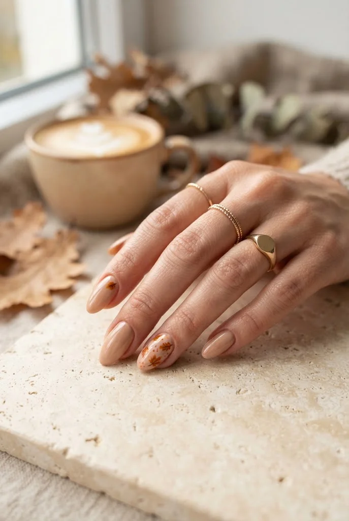Subtle nude Halloween nails with tiny pumpkin and autumn accents.
